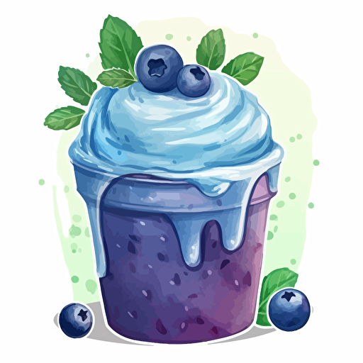 : An illustration of a blueberry and yogurt mousse with blueberry puree and mint leaves on top, in watercolor style, as a die-cut sticker design, vector format, on a white background. The mousse is in a clear square mica plastic cup, the mint leaves are on top, and the blueberry puree is drizzled over the top of the mousse. The watercolor style is loose and flowing, with a focus on blending and texture, and the colors are vibrant and fresh.