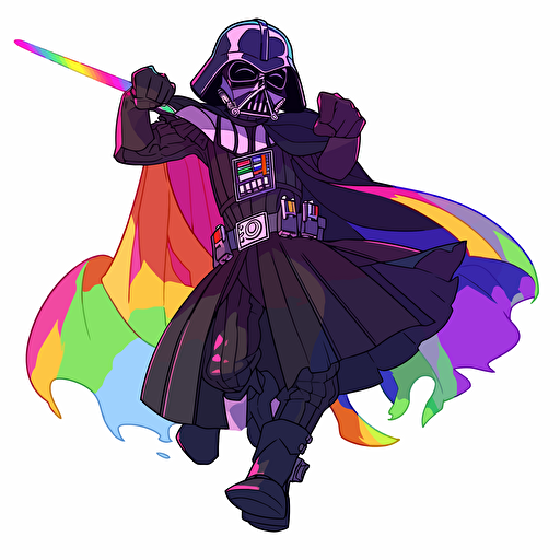 A colorfull lesbian female darth vader, goofy looking, smiling, minimalistic, flat light, white background, vector art