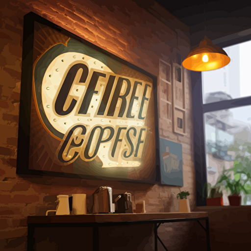 a real world sign for a super comfortable coffee shop with professional lighting, vectorized, incresdible, memorable, astonishing.