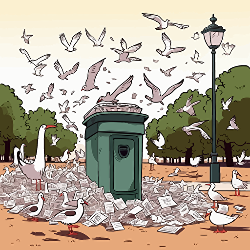 a park bin being raided by ibises and seagulls, cartoon, vector art, 32k