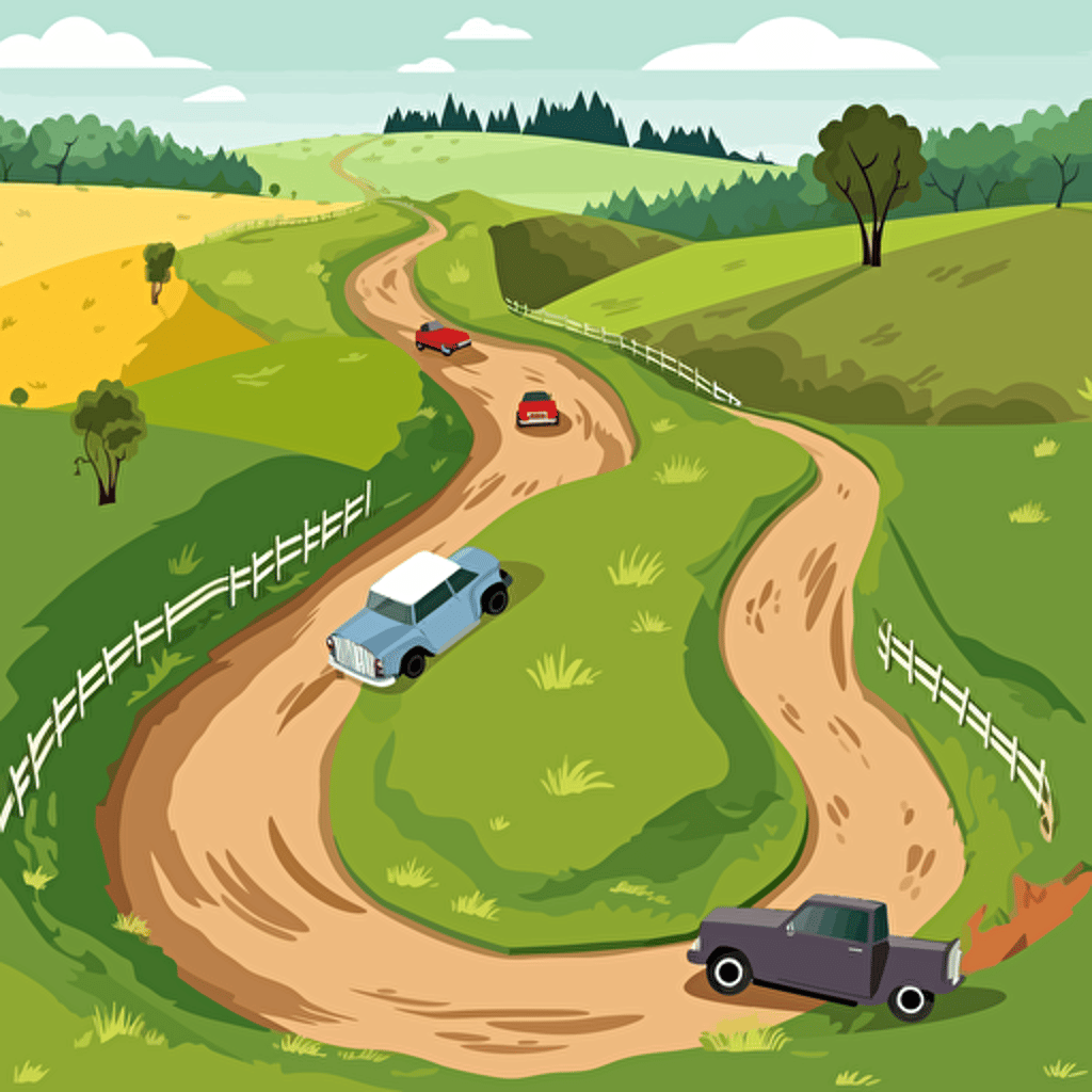 british countryside road long and winding with a british cars crashed off the road on the road airbrrush vector illustration