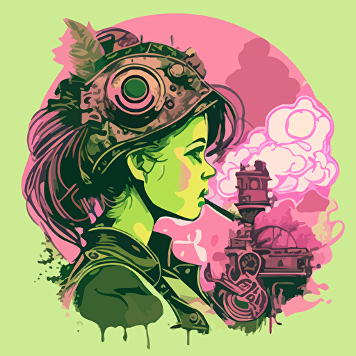 vector,pink,light green,depressed,curious girl smoking an steam punk Cgar