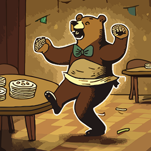 a vector image of a bear dancing, eating cake and counting money.