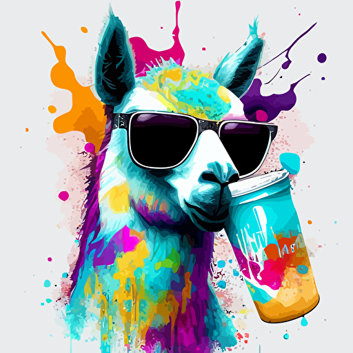 llama with sunglasses drinking a big gulp soda, Vector Style, Acid Drip,