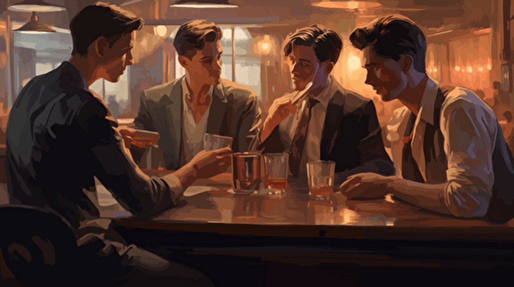 a painting of gay men at the bar in a club, in the style of sam spratt, simplistic vector art, 32k uhd, kris knight, danny lyon, marvel comics, film noir-esque