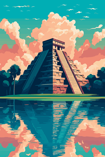 front view of Chichen itza, blue sky, vector design, minimalist, flat