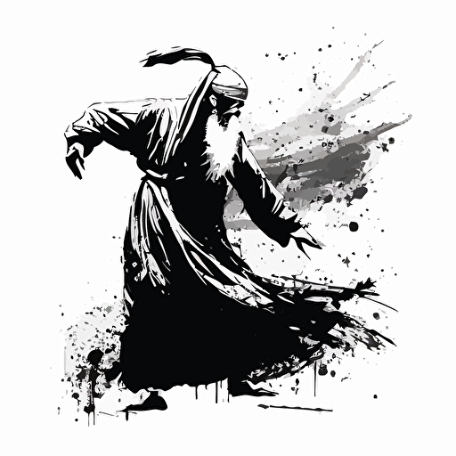 a dancing sufi done in brush stroke illustration in japanese style or art, black and white, minimal art, vector logo