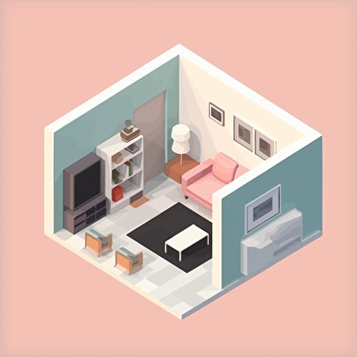 isometric room, modern, minimalism, cutaway living room, vector, high quality,
