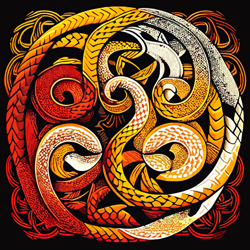 vector illustration of hundreds of entwined snakes with detailed designs in art deco style circa 1978 in red, orange, yellow, and white