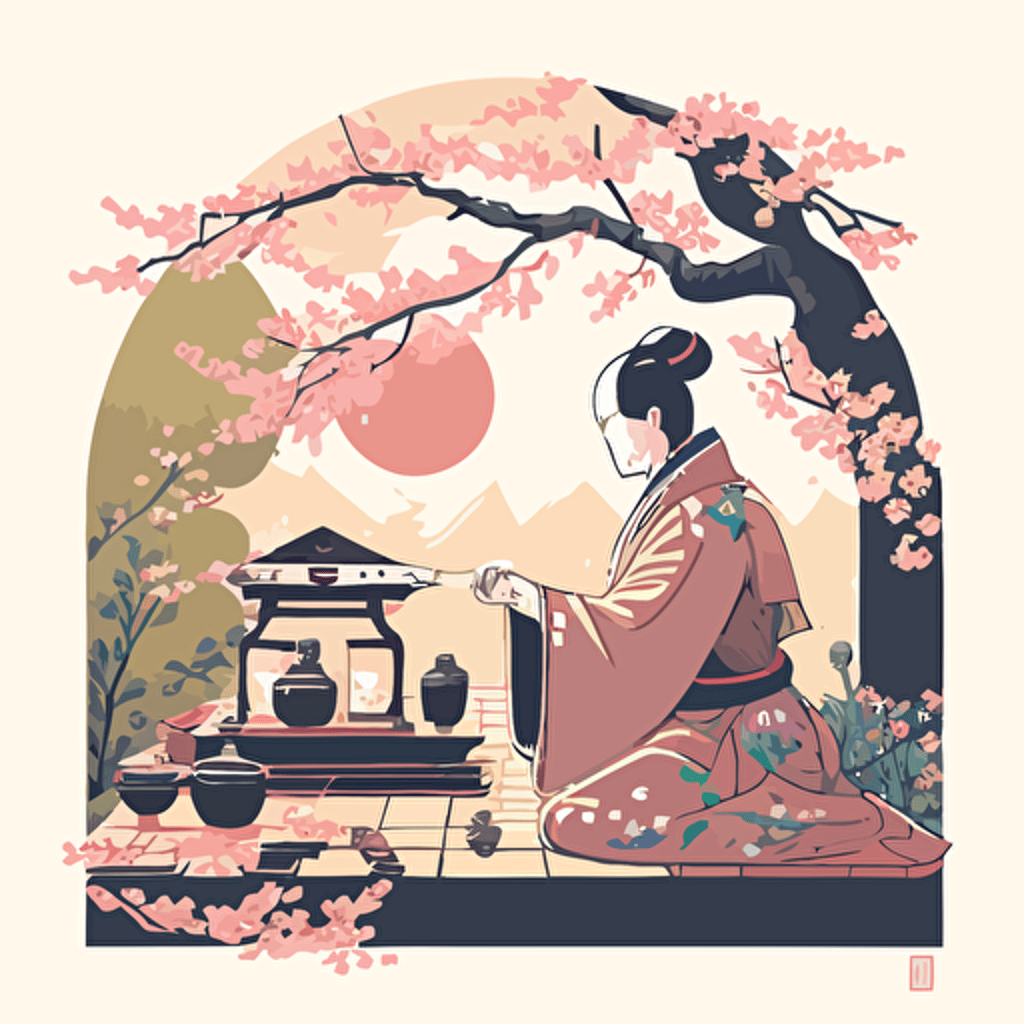 Inspired by traditional Japanese woodblock prints, create a vector illustration of Satoshi Nakamoto participating in a tea ceremony in a serene Japanese garden. Set the scene during a peaceful afternoon with cherry blossoms in bloom.