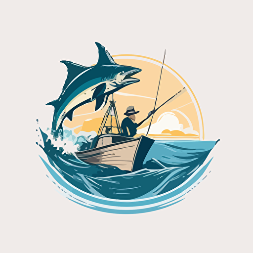 Logo design for an offshore fishing and scenic boat rides with a cowboy riding a blue marlin on the ocean, minimalist, flat, vector, 2D