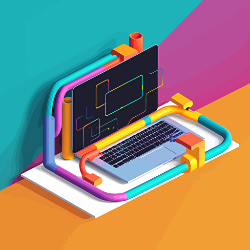 bright and colorful vector image showing a buch of pipes connected to a latop sitting on a desk