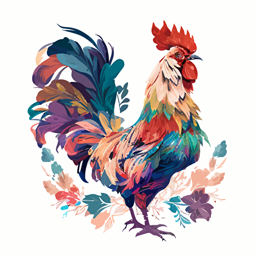 rooster made of flowers, Sticker, Ecstatic, Secondary Color, Photorealism, Contour, Vector, White Background, Detailed