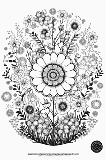 a lawn full of flowers with mandala-style pattern on white background, svg vector image with subtle pale colors, thick black outline