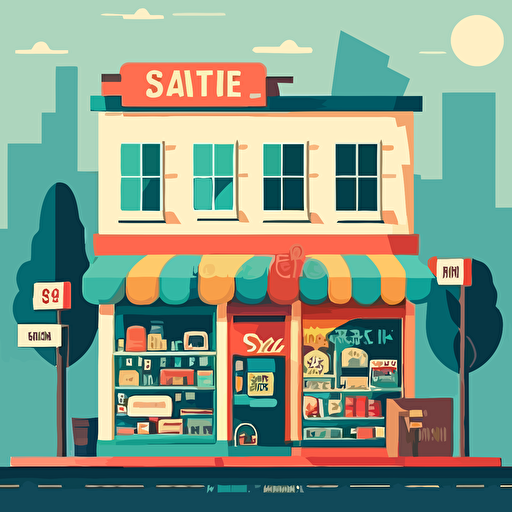 simple store, with sale event and city, flat style, picture, cartoon, vector