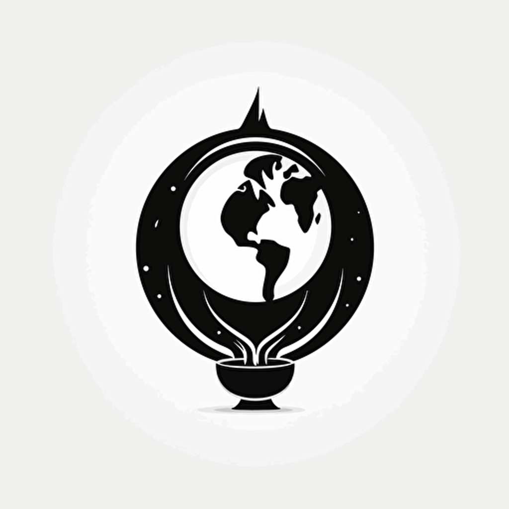 minimalistic logo, abstract earth with oracle figure holding a torch, black on white, vector style