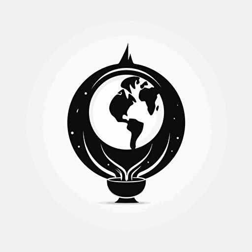 minimalistic logo, abstract earth with oracle figure holding a torch, black on white, vector style