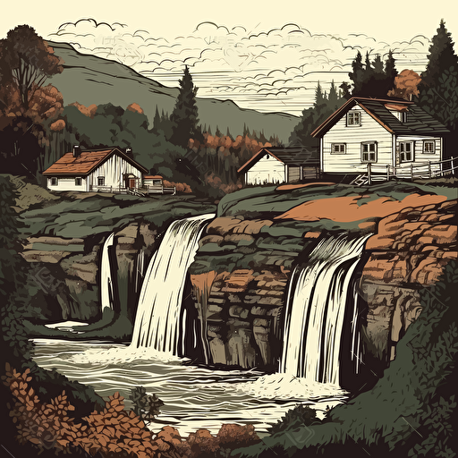 rural scene, waterfall in background, two buildings, digital art, vector, detailed