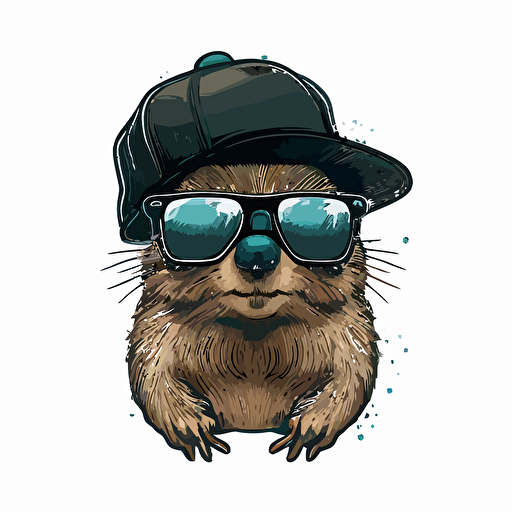 a Beaver with a black cap and swag glasses, vector design, white background,