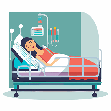 A sick female patient on a hospital bed in a hospital setting, 2d, flat vector illustration, white background