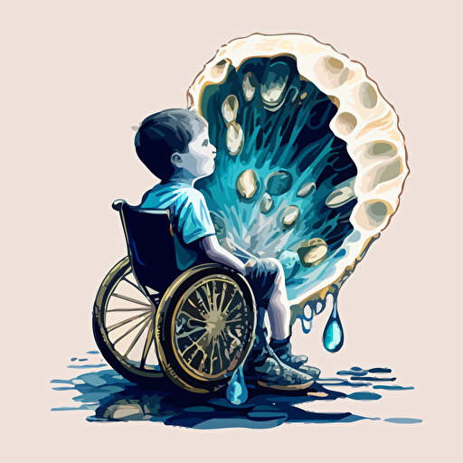 a young boy in a wheelchair holding a beautiful oyster with a viral vector inside in place of a pearl