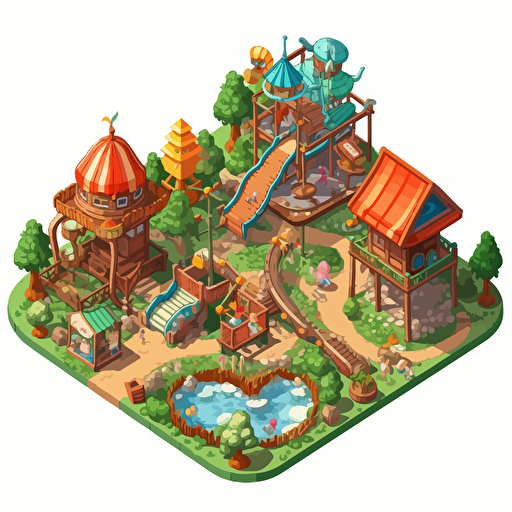 isometric, cartoon vector style, zoo themed childrens playground equipment, transparent background