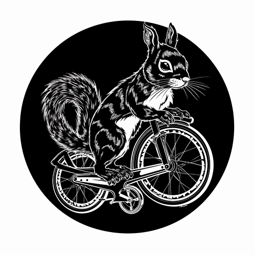 cyber punk black squirrel, vector, logo, white background, bicycle rim border, clipart style,