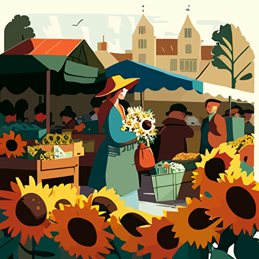 Influenced by Vincent van Gogh's "Sunflowers," create a vector illustration of a countryside farmers' market where the stalls are adorned with sunflowers, and people are browsing the fresh produce. Set the scene on a sunny morning.