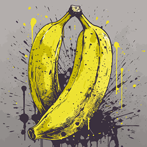 painted delicious banana, simple form background, leave a lot of negative space, rough, textured, grainy surface, dusty, vector, desaturated colour drips, graffiti, artificial, highres