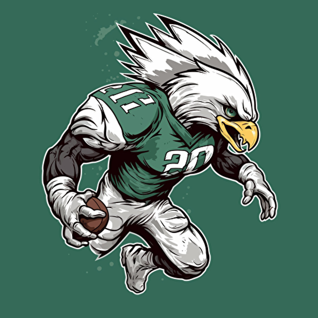 a modern concept for the old 80's philadelphia eagles logo, sports logo, green bald eagle with a football in it's talons, green silver black and white, vector art