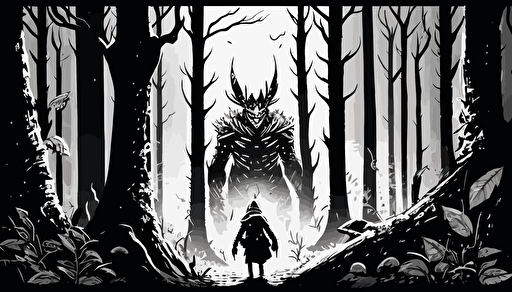 hidden small monster in big forest, sketch, illustrations, hd, fantasy, witcher style, black and white, vector