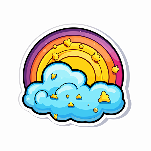 A bright and cheerful sticker that features a vibrant rainbow with clouds on either end., Sticker, Adorable, Tertiary Color, Cartoon, Contour, Vector, White Background, Detailed