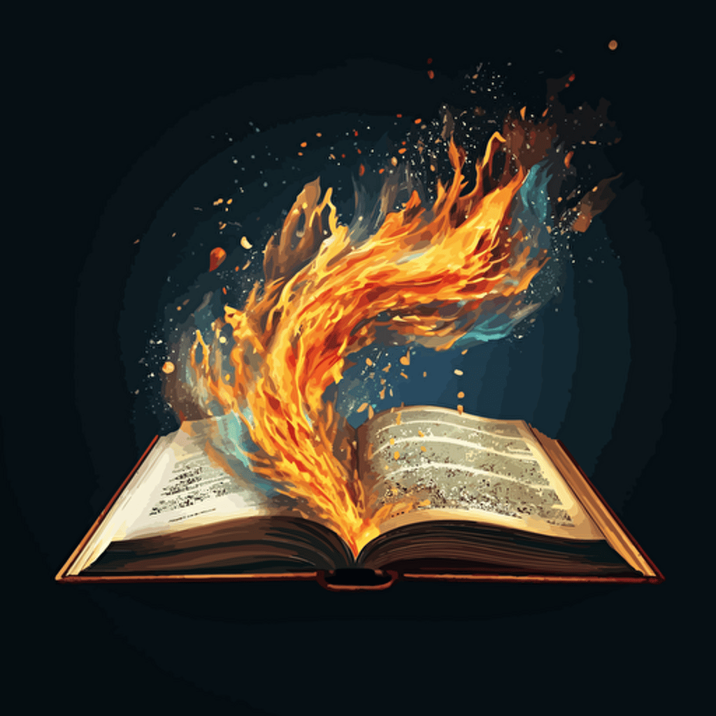 an open book with fire coming out of the pages, vector, art