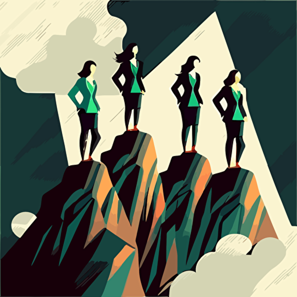 four women in business suit, on top of mountain peak, vector illustration