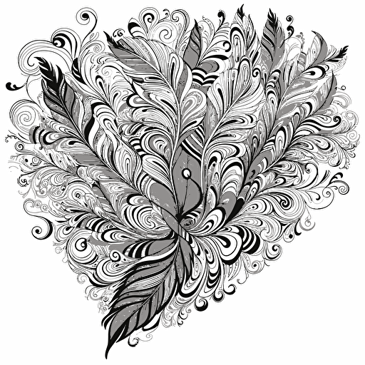 a feather plume made with hearts for a birthday card that is a simple black and white vector line drawn so I can color later