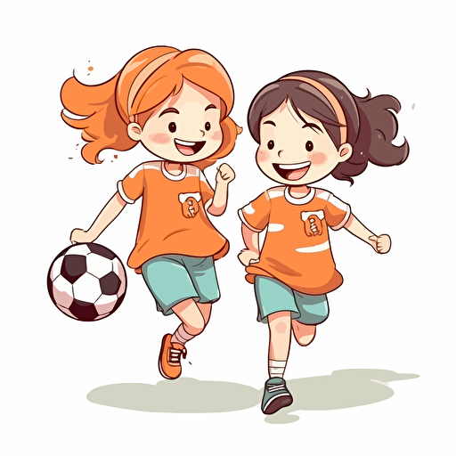 Vector illustration, of two beautiful happy 6 years old girls playing soccer with white background