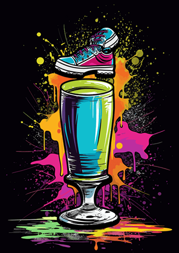 poster, A glass of cocktail standing on top of a skateboard, hypercolor, glide fast, drunk, cartoon, graffiti, vector, illustration