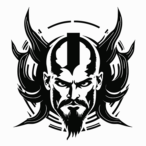 Retro futuristic iconic logo of viking corporate exorcist, big mustache, no hair, bald, black vector, on white background