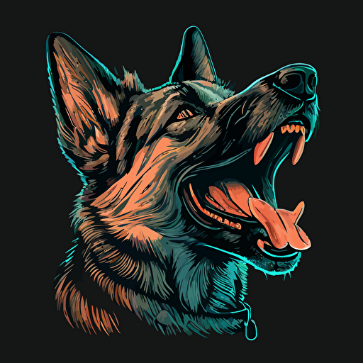 super aggressive german shepherd with titanium teeth, with thick mean looking head, about to bite, vector,