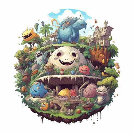 round up design with digital illustration of tiny creatures, world inspired by Studio Ghibli, vector illustration, intricate details, unreal engine, extremely high detailing, sharp, white background