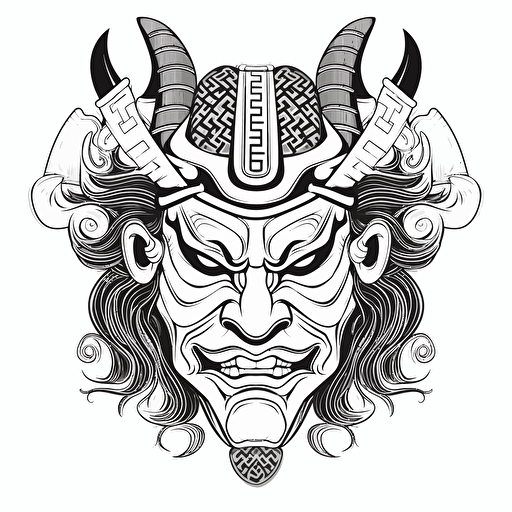 japanese mask samurai ignorant style No Shadow. Cartoon. Coloring page. Vector. Simple.
