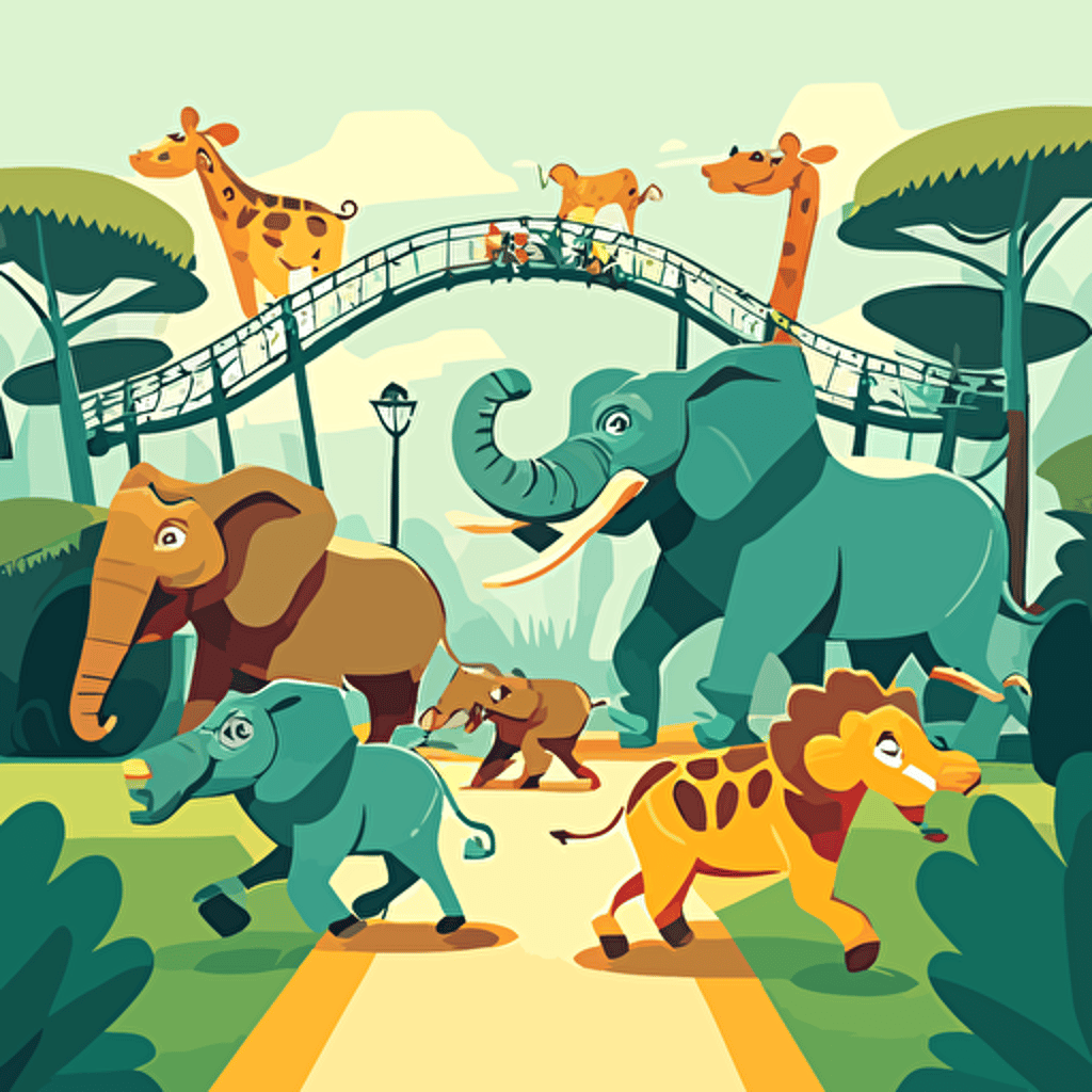 cartoon vector image of zoo animals stampeding over a park