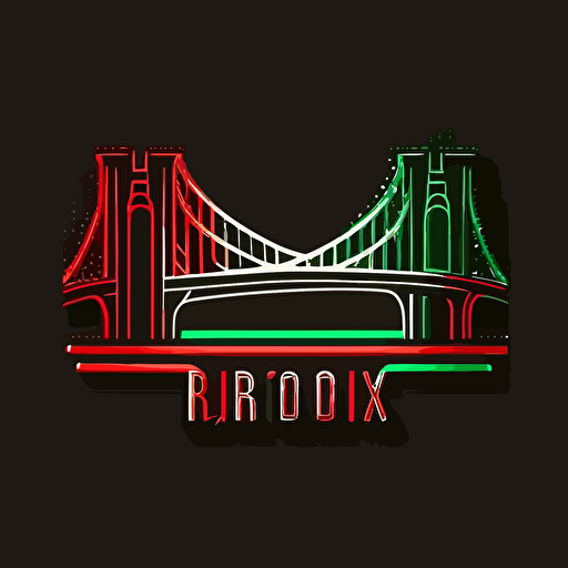 brooklyn bridge in red and green neon style on black background, vector illustrated logo, flat design, simple