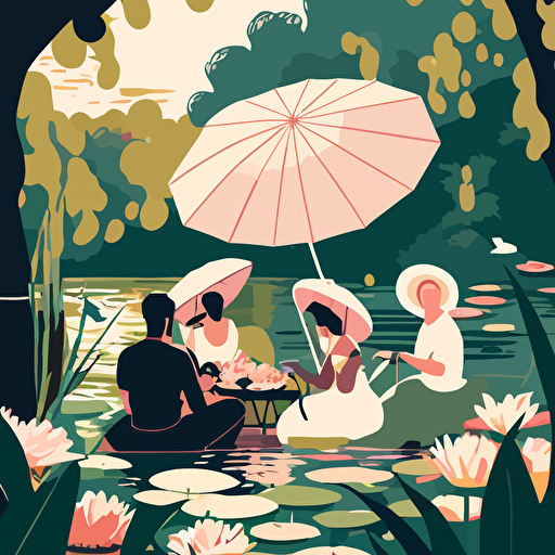 Inspired by Claude Monet's Impressionism, create a vector illustration of a peaceful pond with water lilies, surrounded by people enjoying a picnic on a sunny day. Use simple shapes and soft colors to evoke the atmosphere.