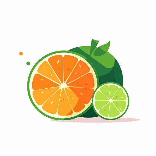 2d illustration of minimalist, orange fruit with half of a green lime laying in front, 2d, clean, illustration, vector, white background, cartoon, flat colors