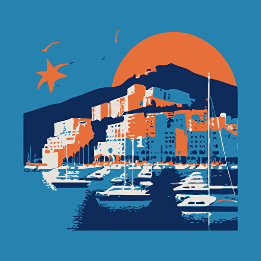 Simple vector drawing of Monaco, very uncluttered, using only blue and orange colours. There are yachts in the harbour. Only several buildings