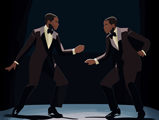 vector illustration of a black men are wearing tuxedos running around on stage, and slapping a brown skin man on stage, in firmin baes, carrie mae weems, emotive body language, harsh angles, made of all of the above, strong facial expression