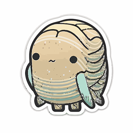 die-cut sticker, cute blonde kawaii trilobite sticker, muscular body, white background, illustration minimalism, vector, oceanic tones.