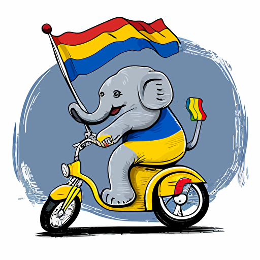 an illustration of an elephant riding a bike with the colombian flag in the right hand, colorbook, clean vector