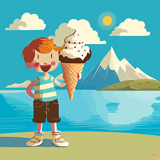 kid holding an ice cream cone on a summer beach, lake view, vector style
